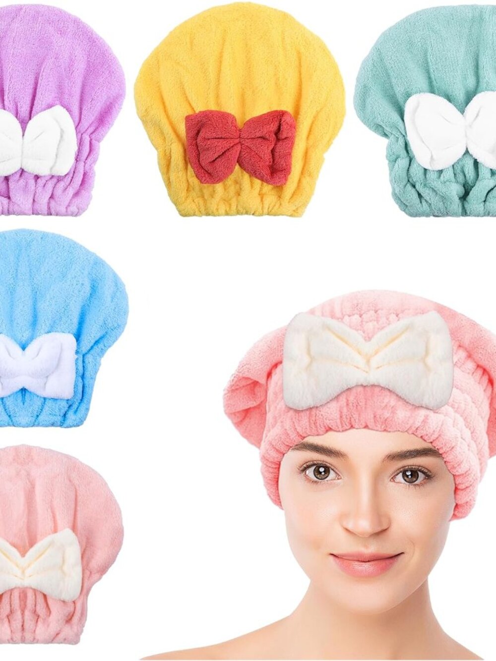 Microfiber Hair Drying Caps, 5-Pack Extra Soft and Ultra Absorbent